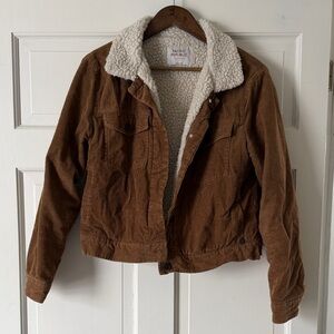 Pull&Bear Tan Corduroy Jacket with Cream Sherpa Collar